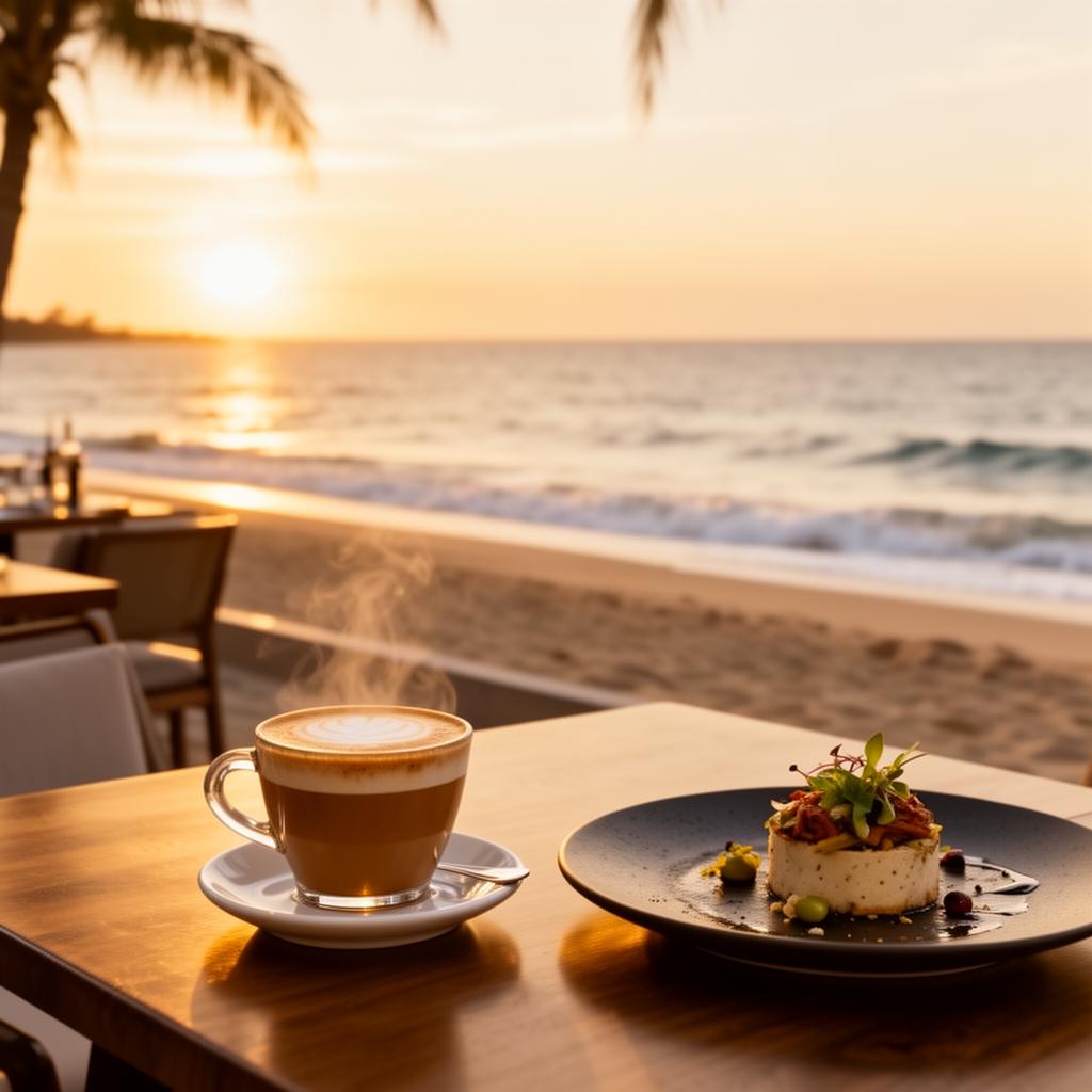Café especial e prato sofisticado em restaurante à beira-mar ao pôr do sol.