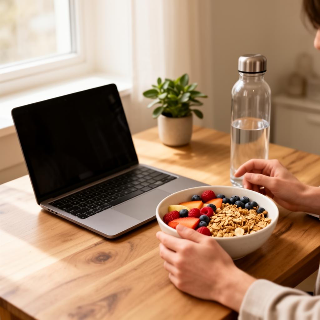 Mesa de home office com notebook, café da manhã saudável e garrafa de água em luz natural.