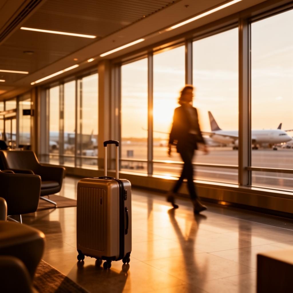 Lounge de aeroporto ao entardecer com mala de mão e passageiro caminhando.
